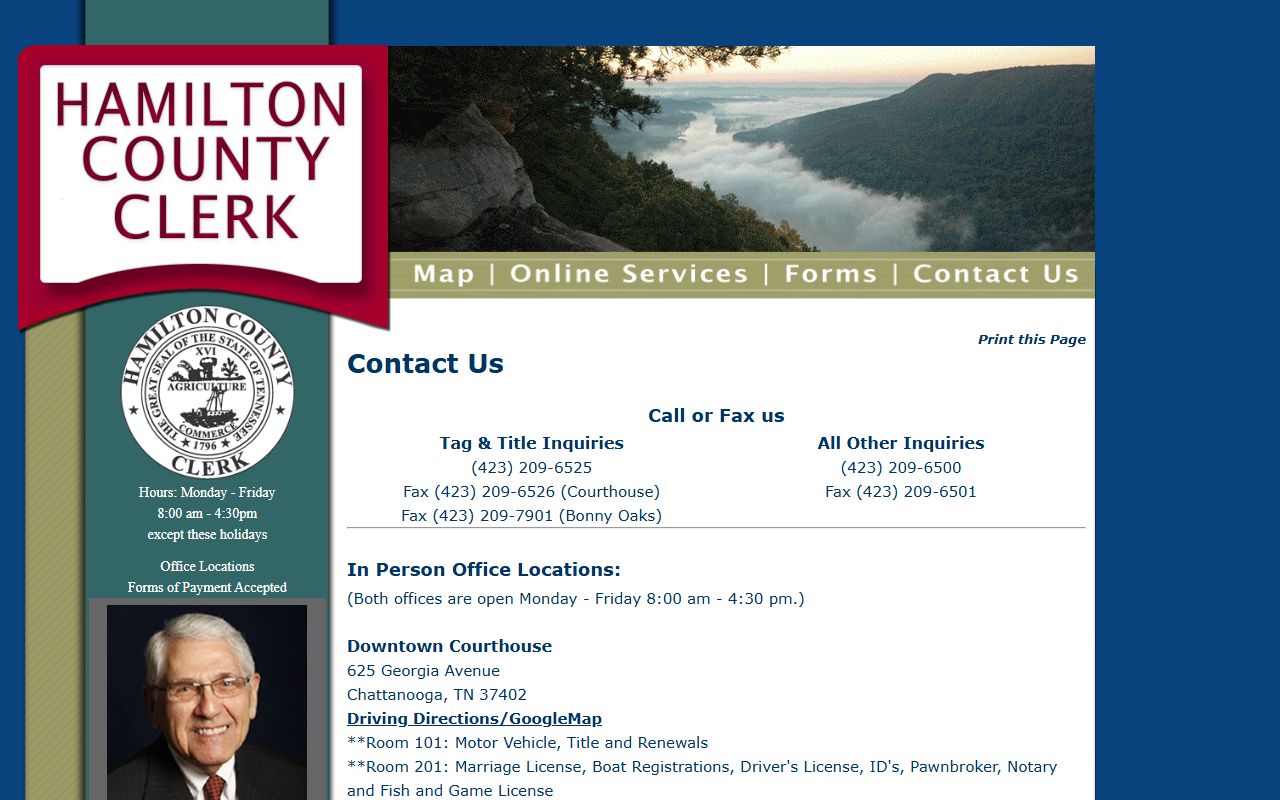 Hamilton County Clerk contact page with courthouse and Bonny Oaks office information