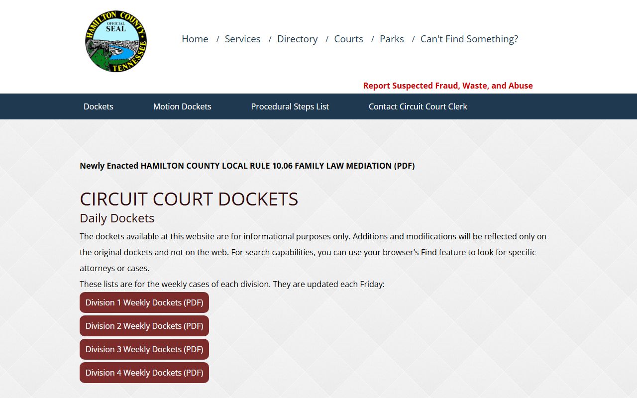 Hamilton County court dockets Circuit Court docket source