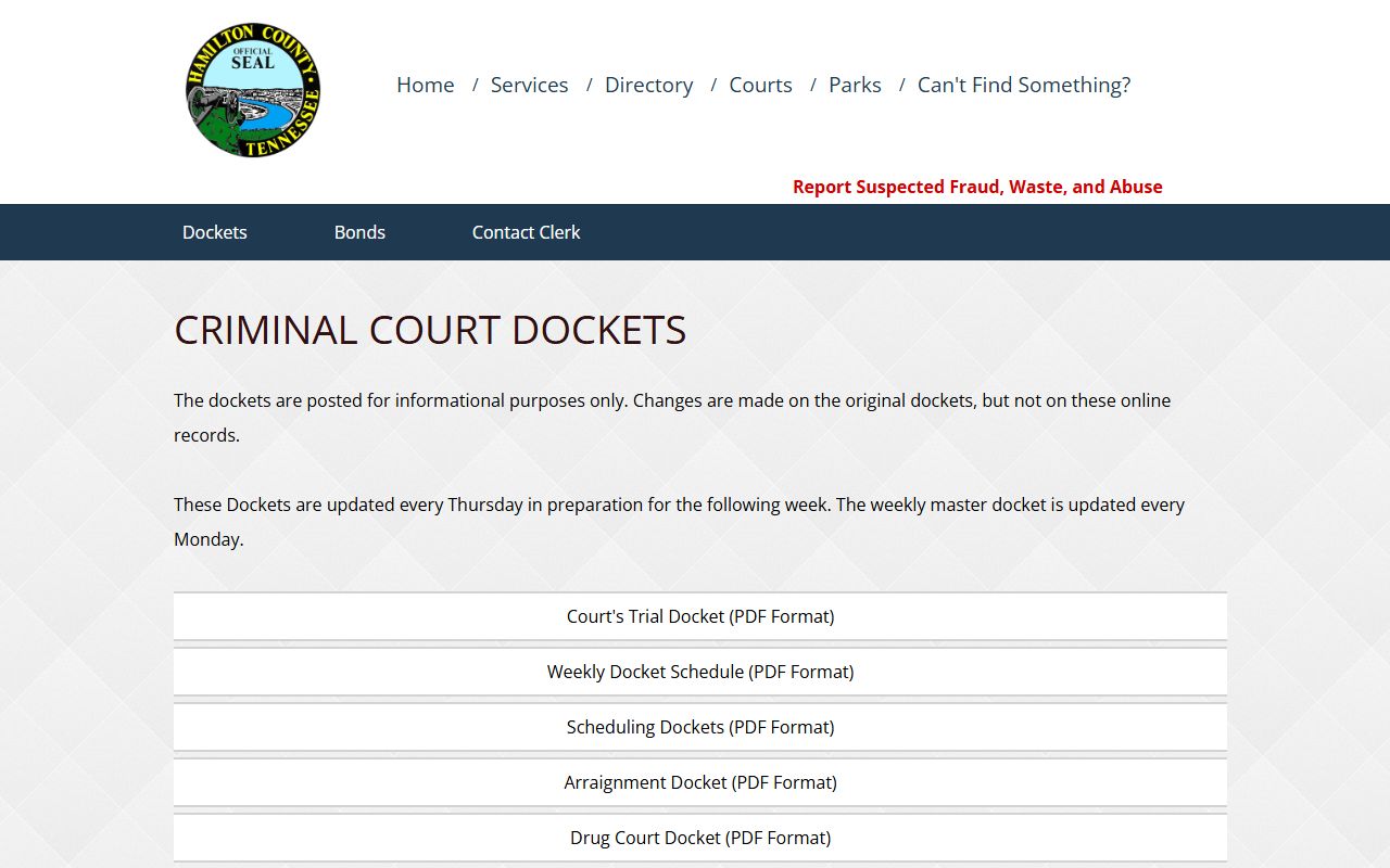 Hamilton County criminal court records Criminal Court docket source