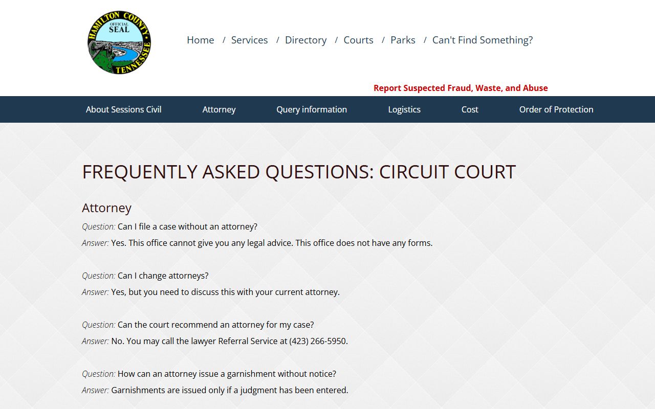 Hamilton County Circuit Court FAQ page for court records and courthouse location