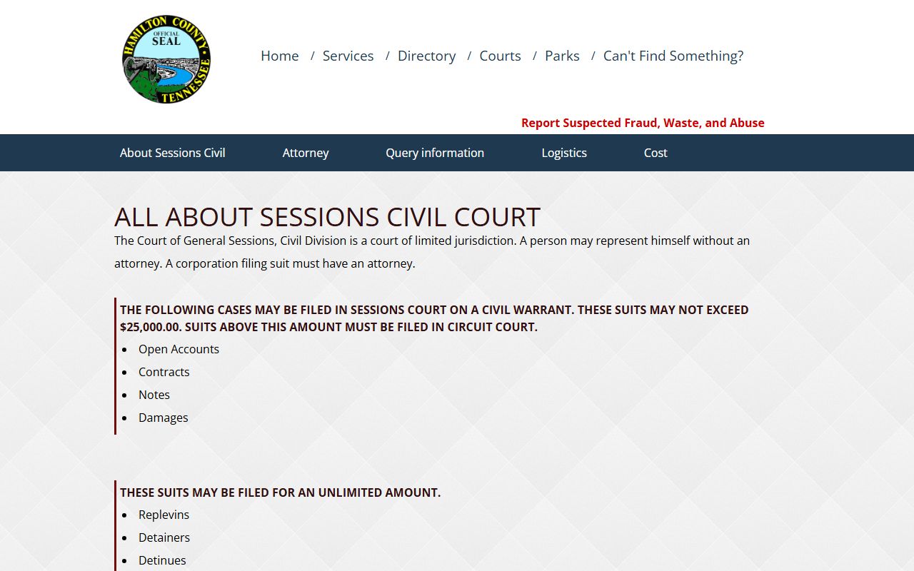 Hamilton County Sessions Civil FAQ showing civil limits, filing facts, and records access