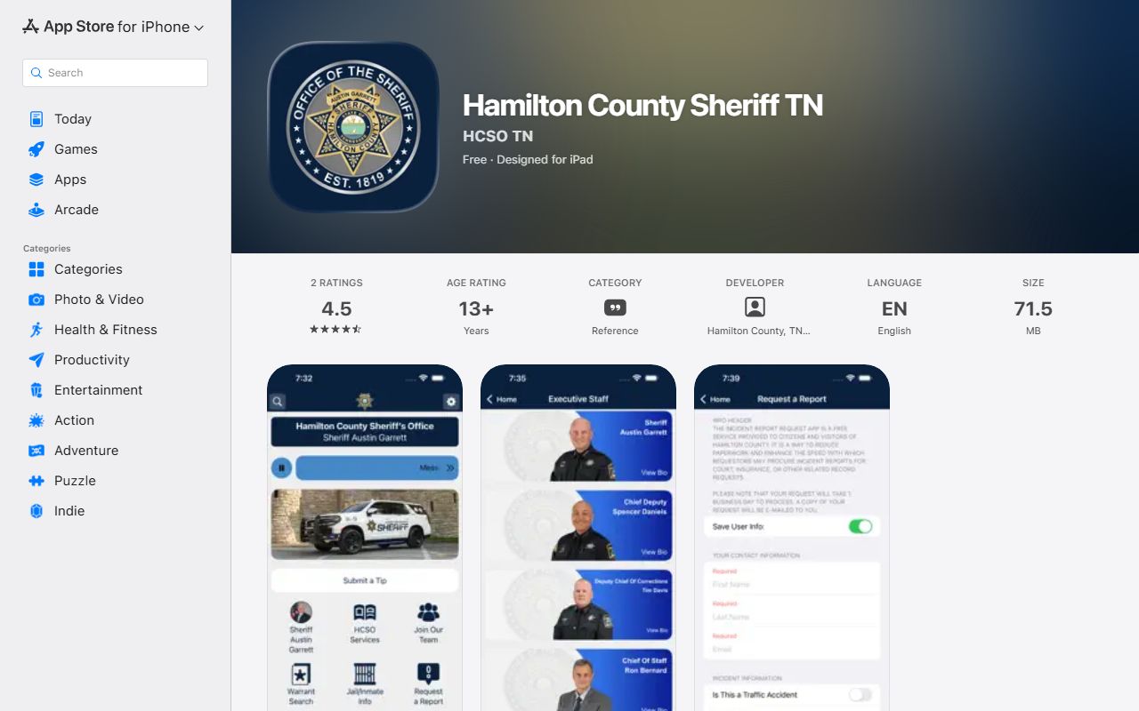 Hamilton County inmate records sheriff mobile app listing
