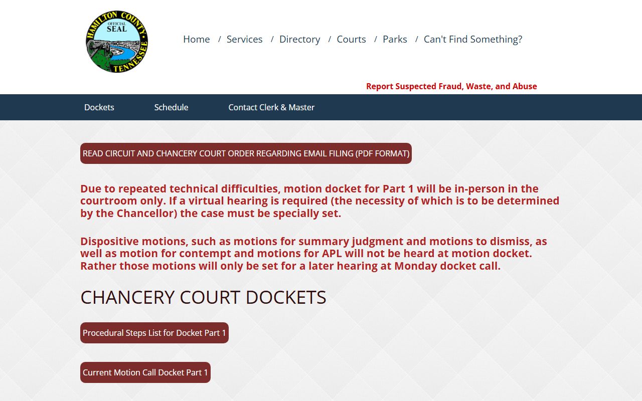 Hamilton County Chancery Court dockets and Clerk and Master page for probate records