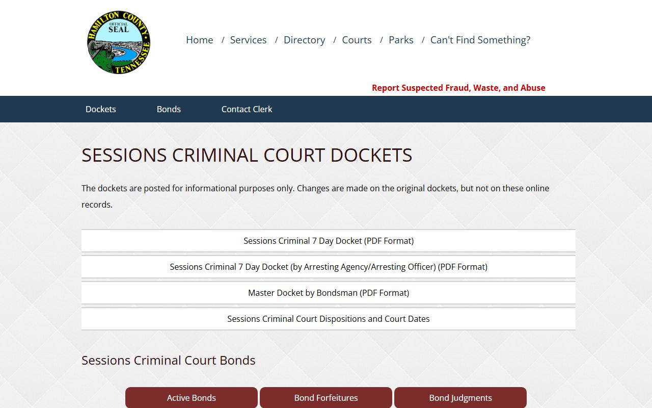 Hamilton County traffic court records Sessions Criminal docket page